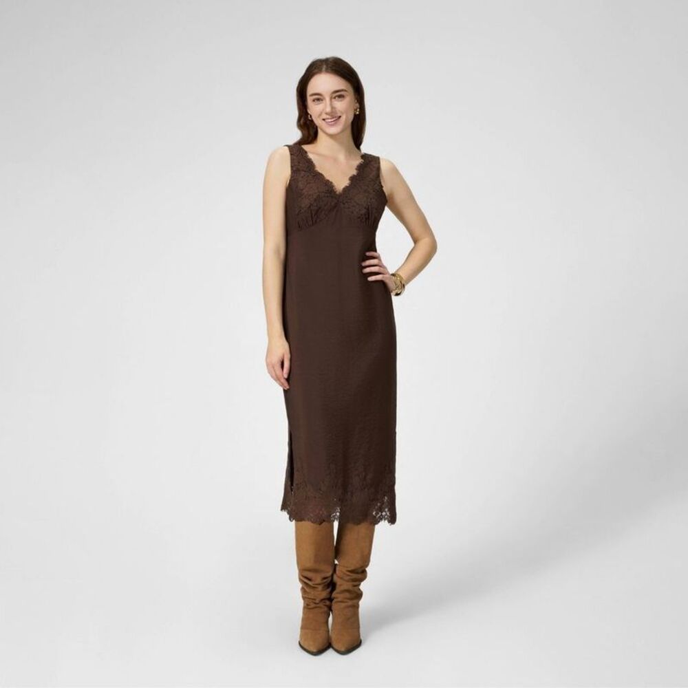 Women's Crinkle Texture Lace Trim Midi Slip Dress - A New Day Brown M